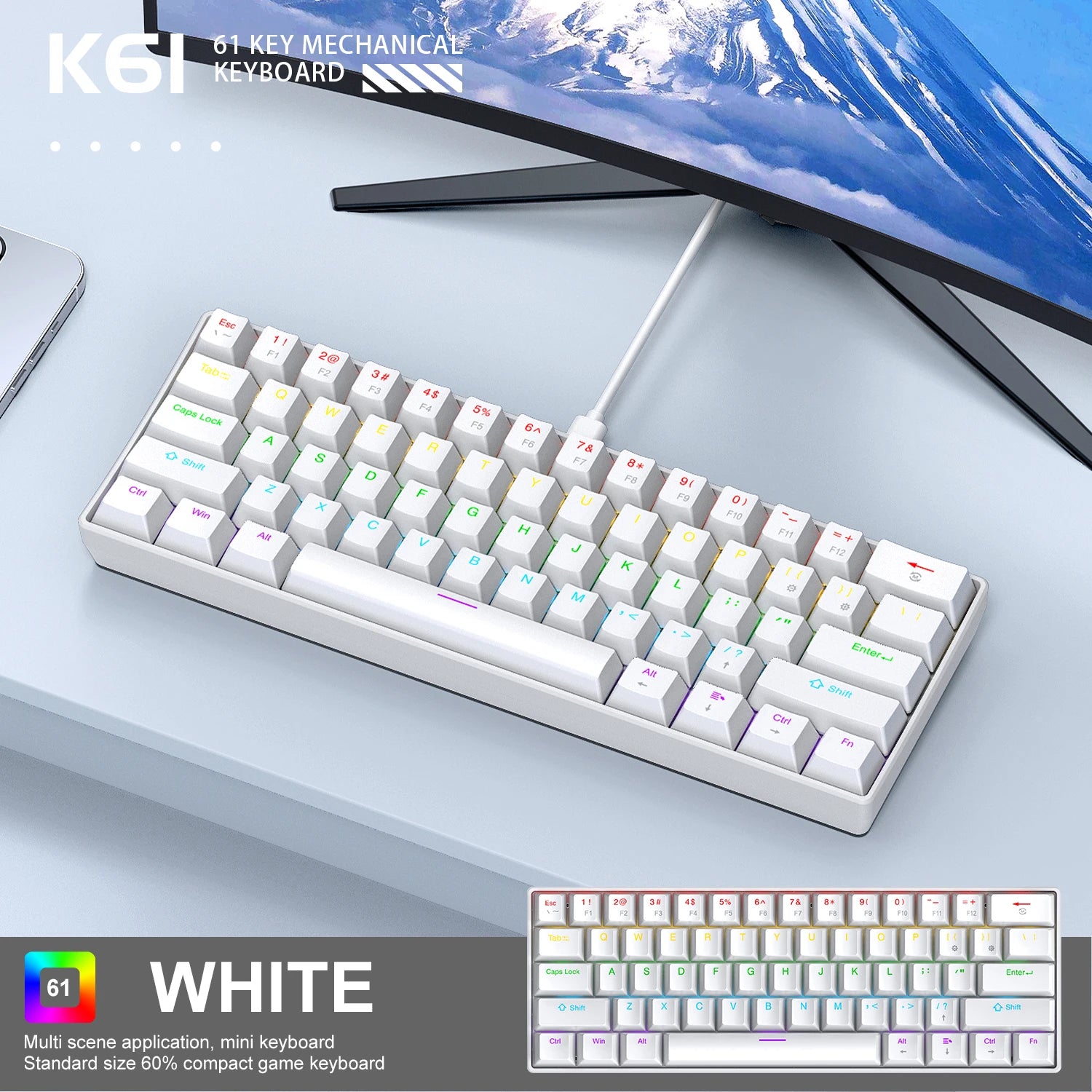 Teclado Mecânico APAYADO K61 – 61 Teclas, RGB Multicor, Switches Azuis e Vermelhos