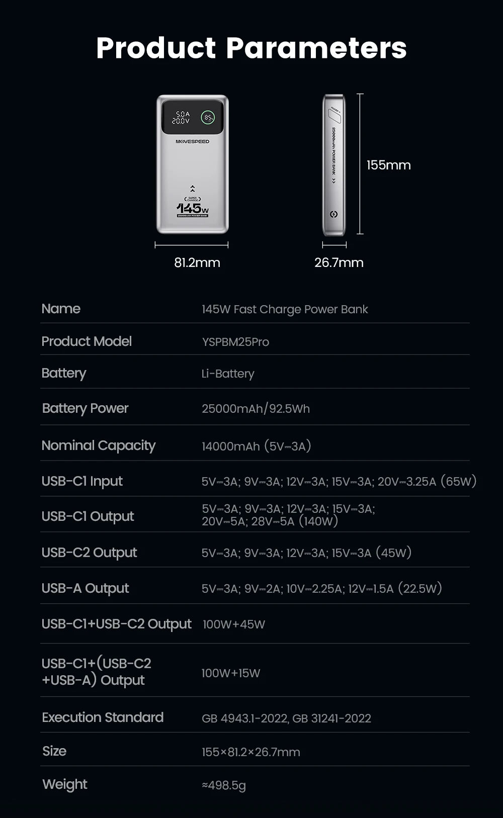 Power bank MOVESPEED M25 Pro - 25000mAh, Carregamento Ultra-Rápido, Ecrã digital