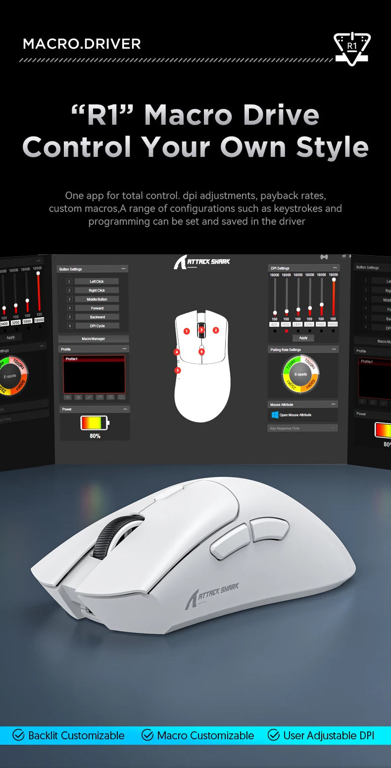 Rato Gaming ATTACK SHARK R1 – Sem Fios, 18.000 DPI, Bluetooth, Sensor PAW3311