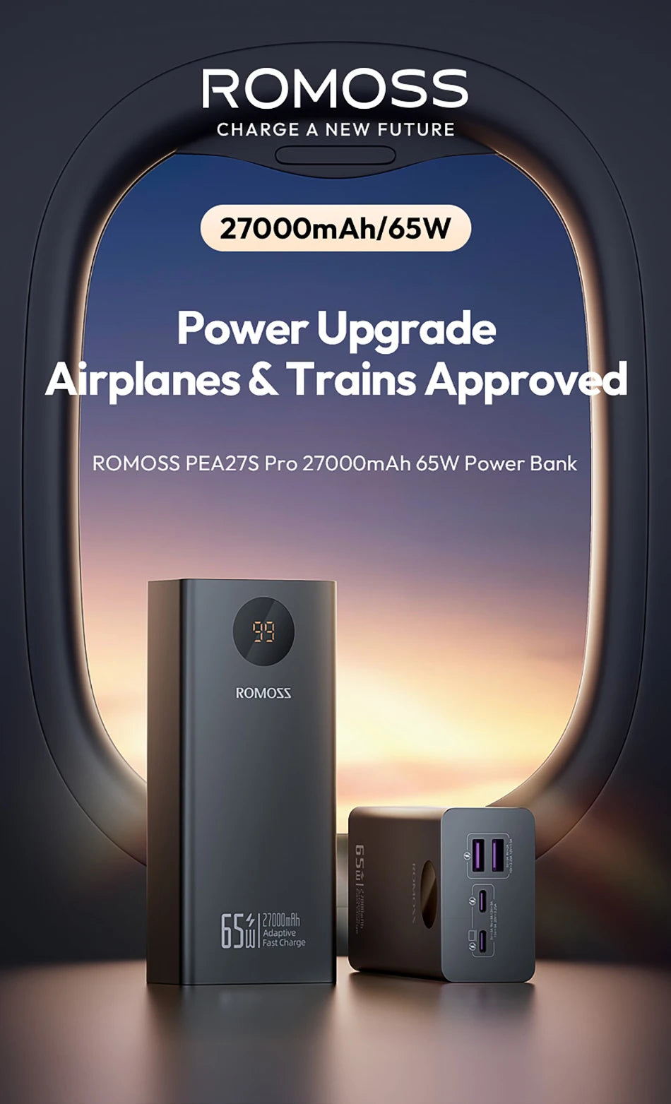 Power Bank ROMOSS 27000mAh – Carregamento Rápido 65W com Ecrã Digital