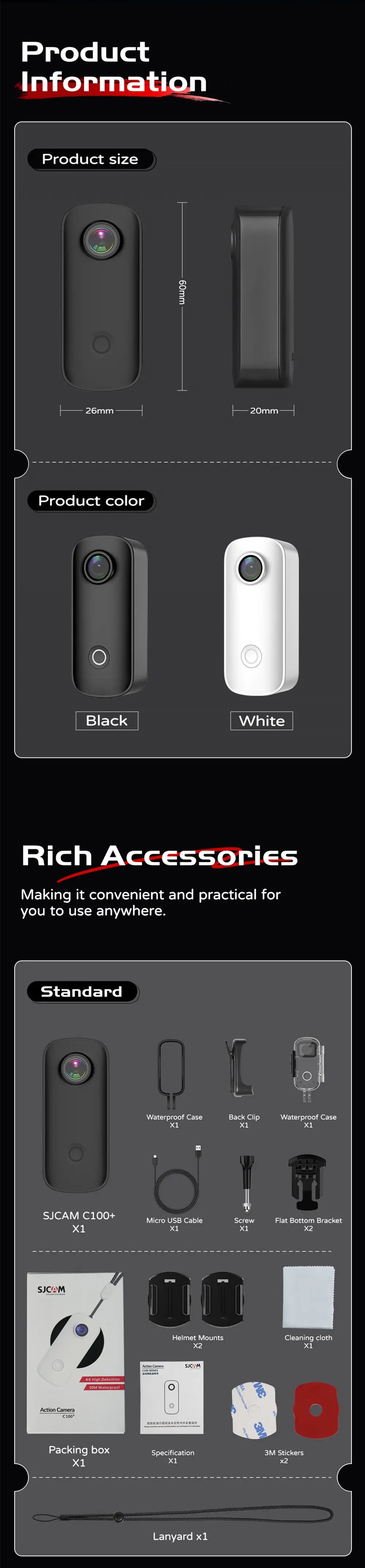 Câmara de Ação SJCAM C100 Plus – 4K 30FPS, Estabilização EIS, À Prova de Água até 30m, Wi-Fi