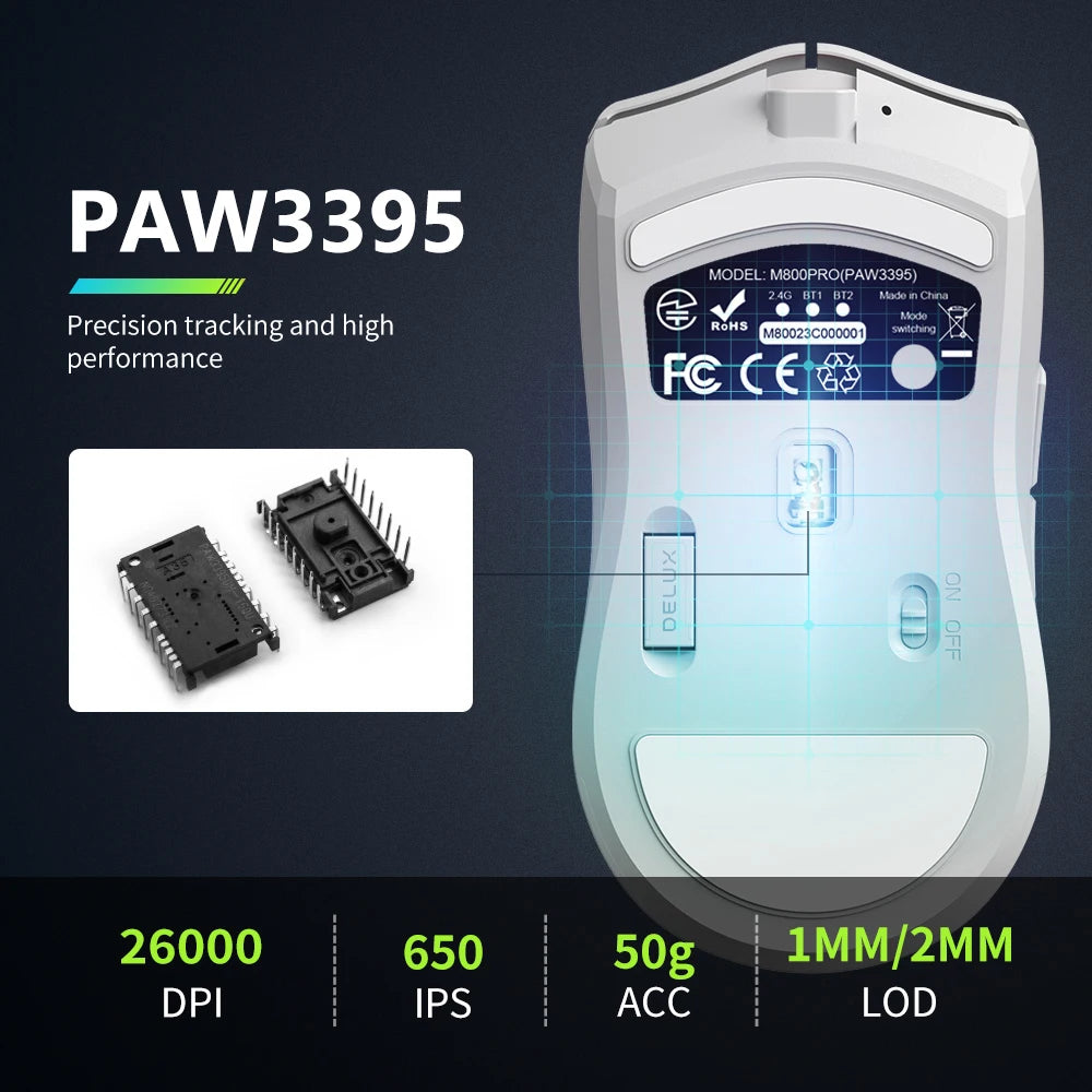 Rato Gaming DELUX M800 – Sem Fios, 26.000 DPI, RGB, Sensor PAW3395
