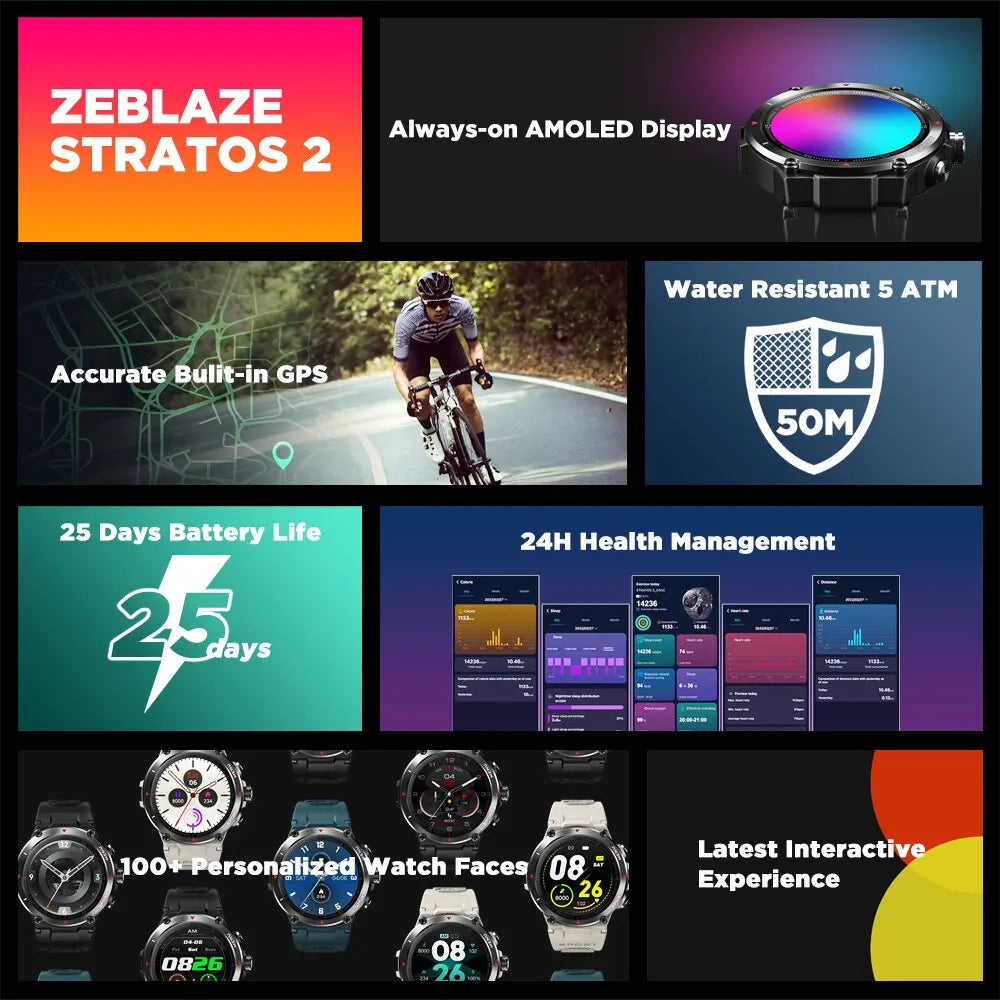 Smartwatch ZEBLAZE Stratos 2 – AMOLED, GPS, Monitorização de Saúde, 15 Modos Desportivos, Ecrã nítido
