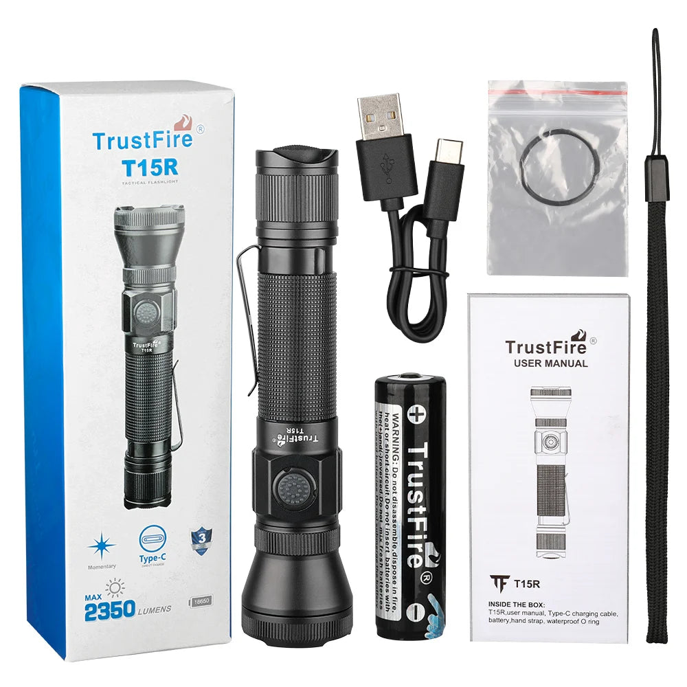 Lanterna Tática TRUSTFIRE T15R – Recarregável, 2350 Lúmens, Longo Alcance, USB-C