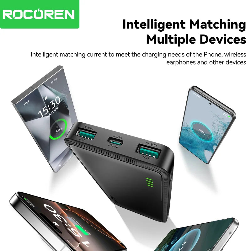 Power Bank ROCOREN - 10000mAh e Carregamento Rápido para Smartphones e Tablets