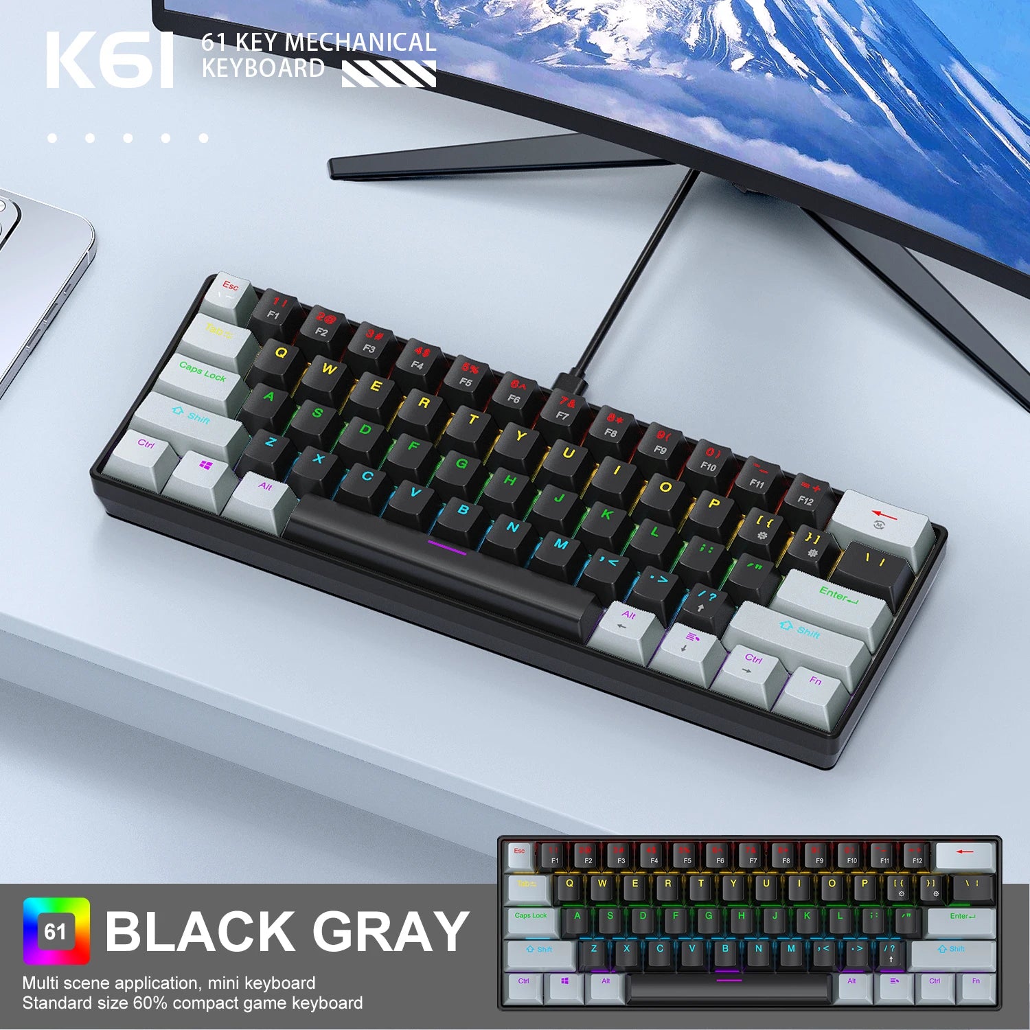 Teclado Mecânico APAYADO K61 – 61 Teclas, RGB Multicor, Switches Azuis e Vermelhos
