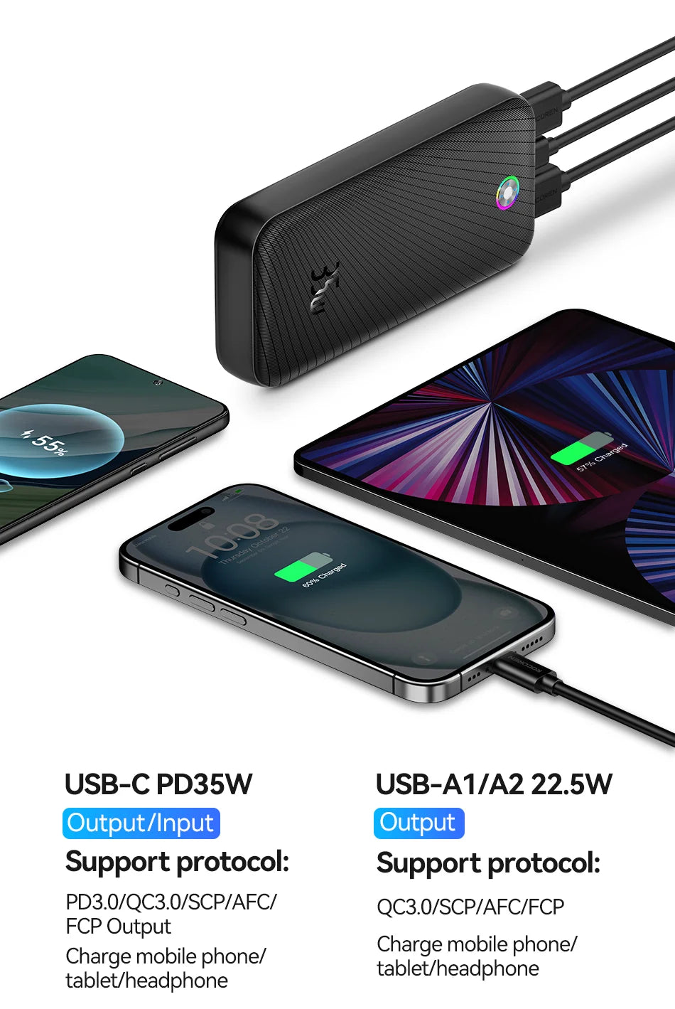 Power Bank ROCOREN - 20000mAh, Saída 35W, Carregamento Ultra-Rápido