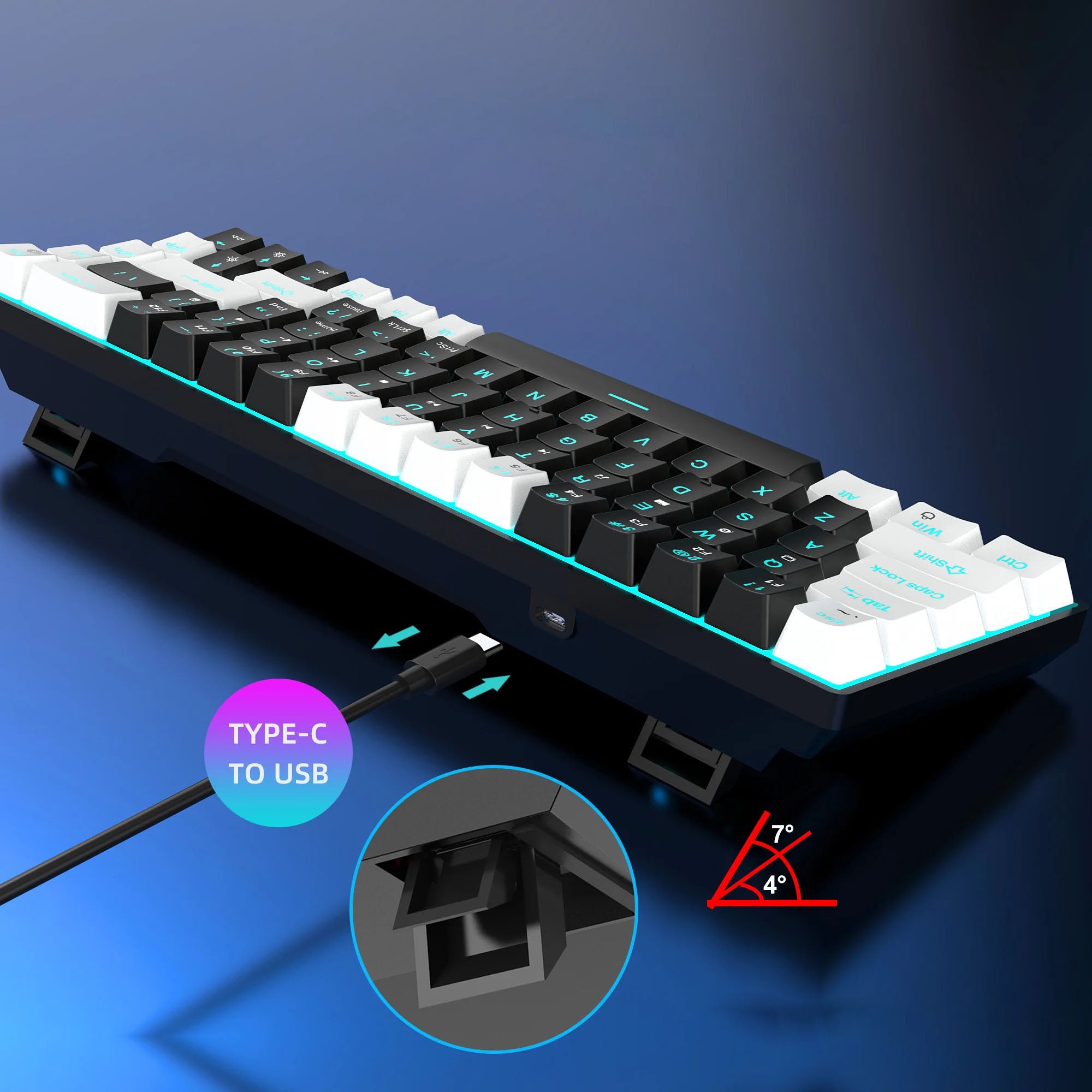 Teclado Mecânico HXSJ V800 – 68 Teclas, Switches Azuis Hot-Swap, Retroiluminação