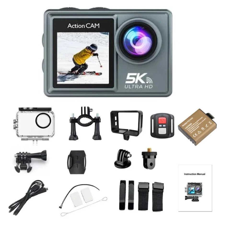 Câmara de Ação 5K - Ecrã Duplo Tátil, Wi-Fi, 30M à Prova de Água, Zoom 5X, Anti-Vibração