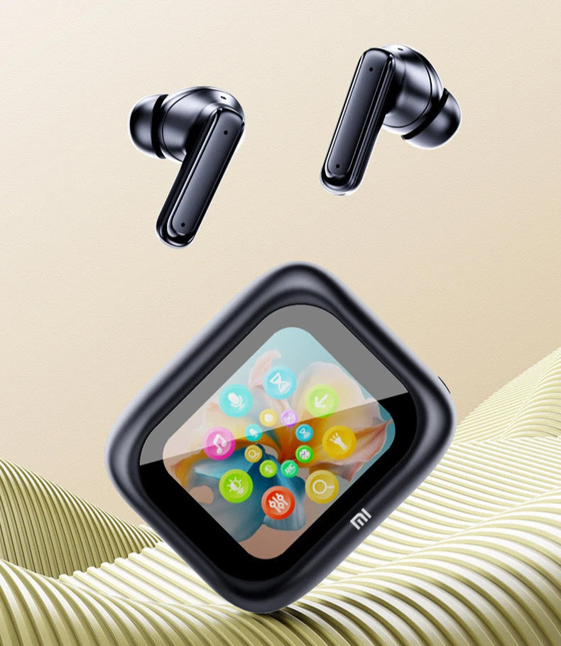 Imagem promocional dos auriculares Bluetooth XIAOMI E18 Pro com destaque no ecrã