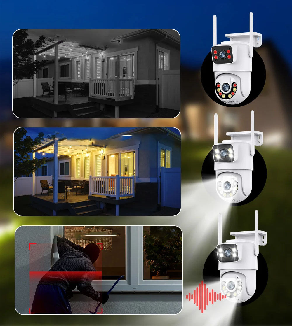 Câmera de Vigilância PTZ Dual Lens 8MP 4K - Com Deteção de Movimento, Visão Noturna e Audio