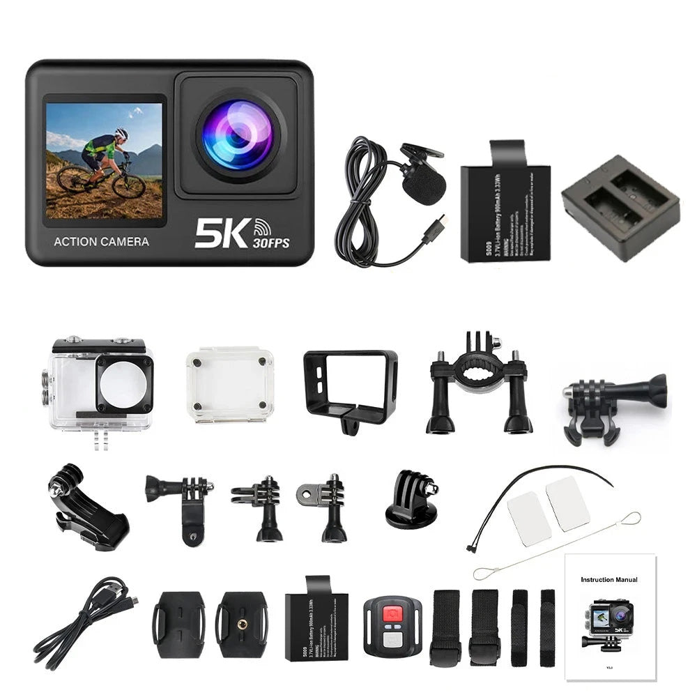 Câmara de Ação AUSEK 5K - 4K60FPS, 2 ecrãs, à Prova de Água e com Comando