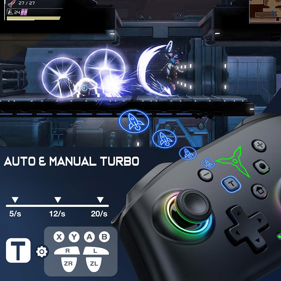 Comando Gaming DINOFIRE RGB – Sem Fios, Compatível PC/Switch/Android/iOS, Iluminação RGB