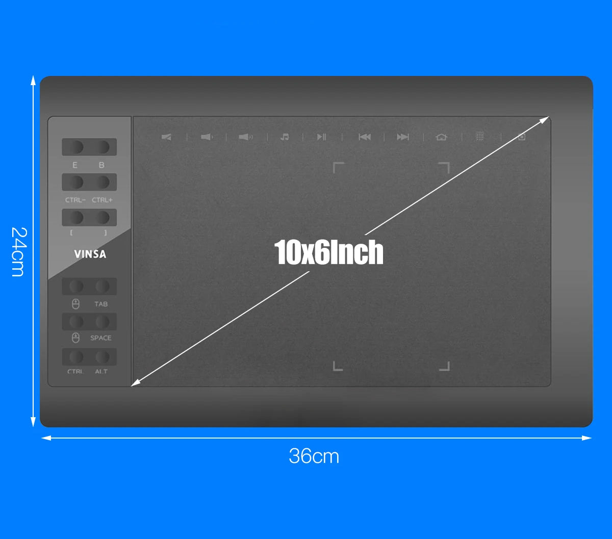 Tablet Gráfico VINSA Profissional – 10.6 polegadas, 8192 Níveis de Pressão, Teclas de Atalho