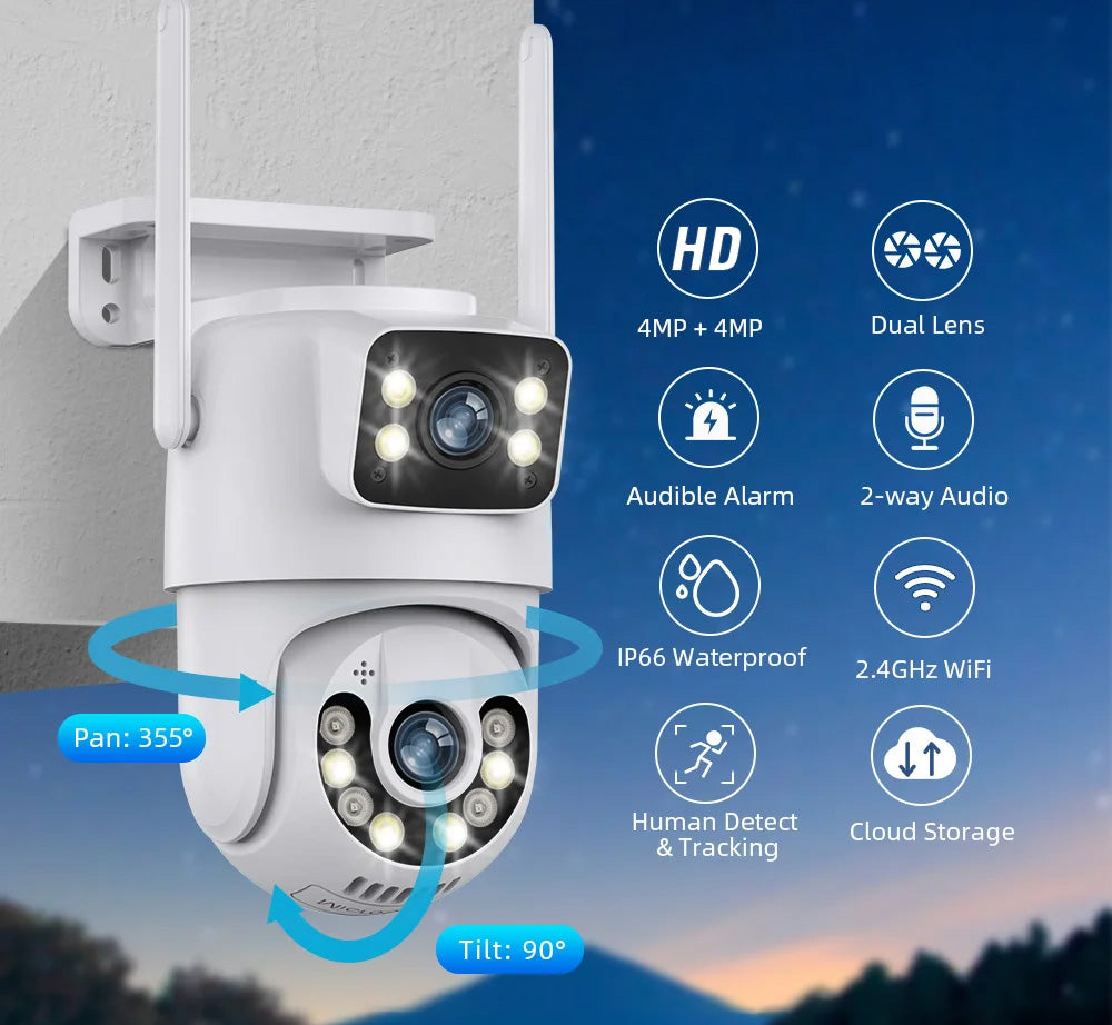 Câmera de Vigilância PTZ Dual Lens 8MP 4K - Com Deteção de Movimento, Visão Noturna e Audio