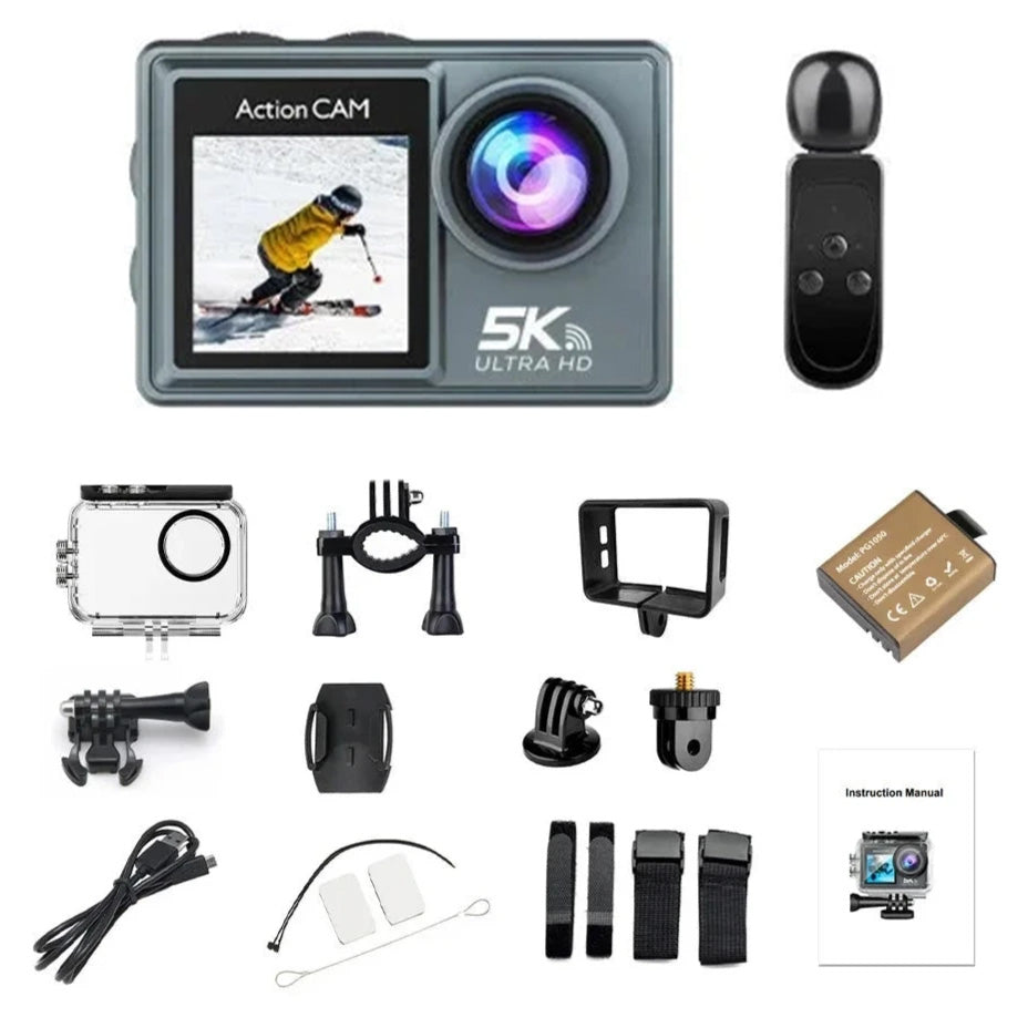 Câmara de Ação 5K - Ecrã Duplo Tátil, Wi-Fi, 30M à Prova de Água, Zoom 5X, Anti-Vibração