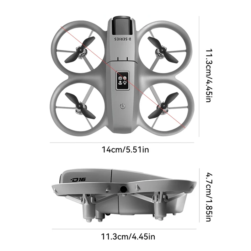 Dimensões do drone Xiaomi D16 Mini com medidas detalhadas em centímetros