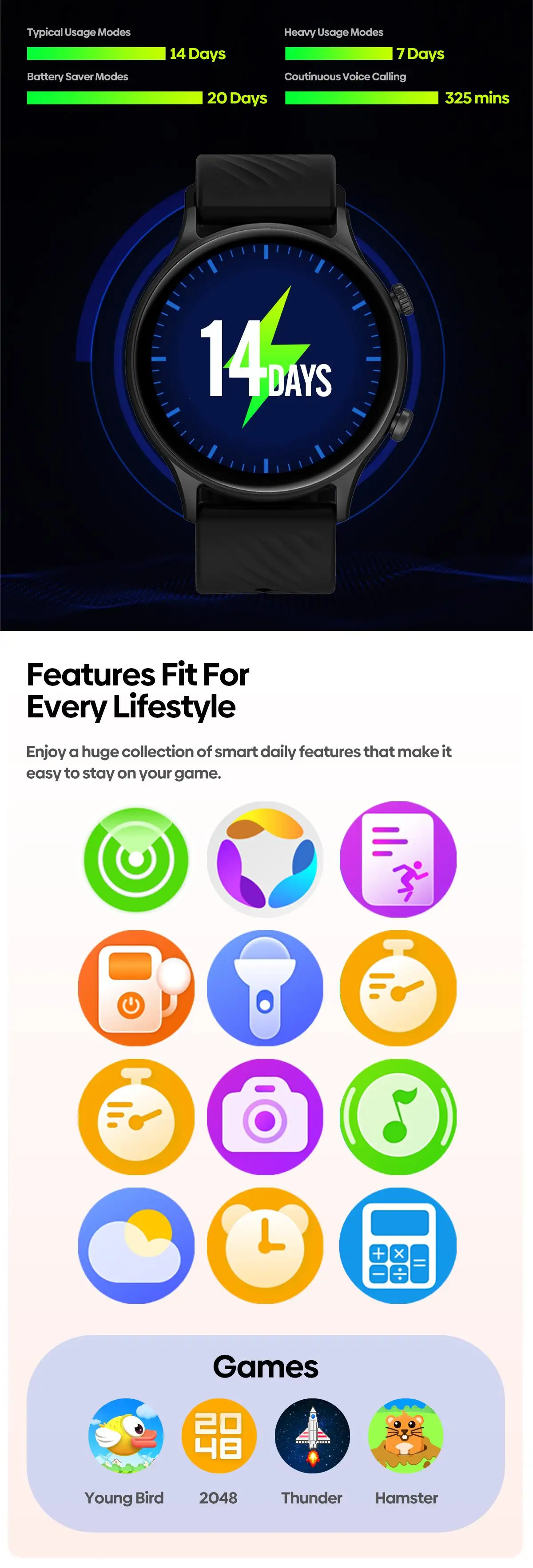 Smartwatch ZEBLAZE Btalk 2 Lite - Monitorização de Saúde, 100+ Modos Desportivos e Chamadas de Voz