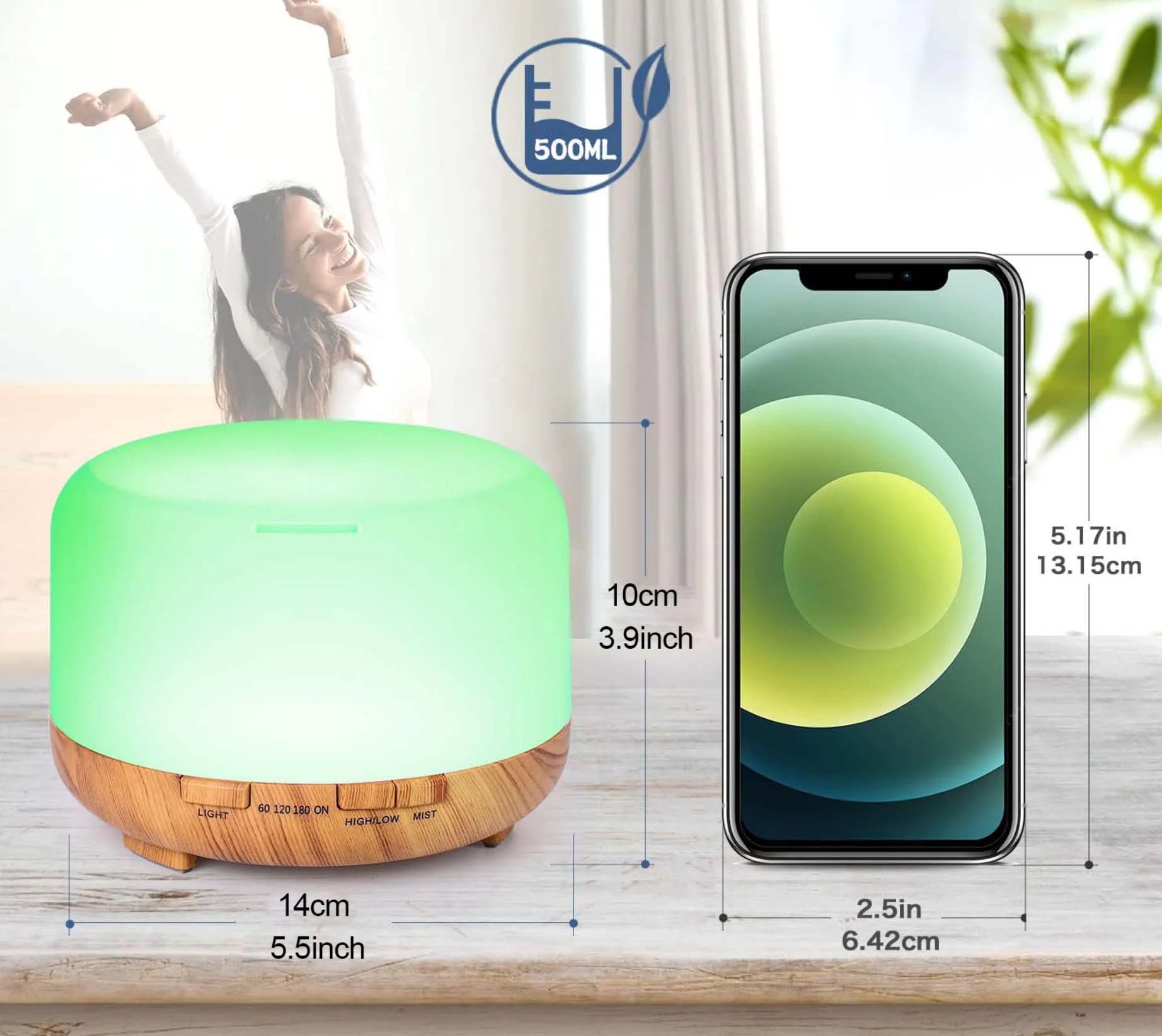 Humidificador e Difusor de Aromas de 500ML - com Design em Madeira e Comando
