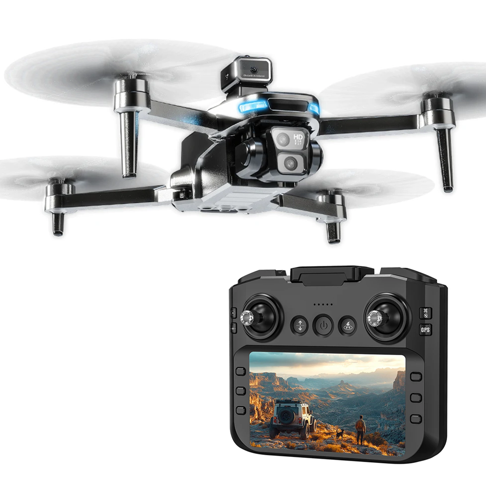 Drone SG109 PRO MAX em voo com hélices ativas e luz frontal acesa e comando