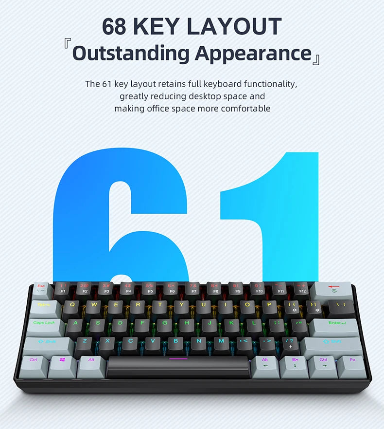 Teclado Mecânico APAYADO K61 – 61 Teclas, RGB Multicor, Switches Azuis e Vermelhos