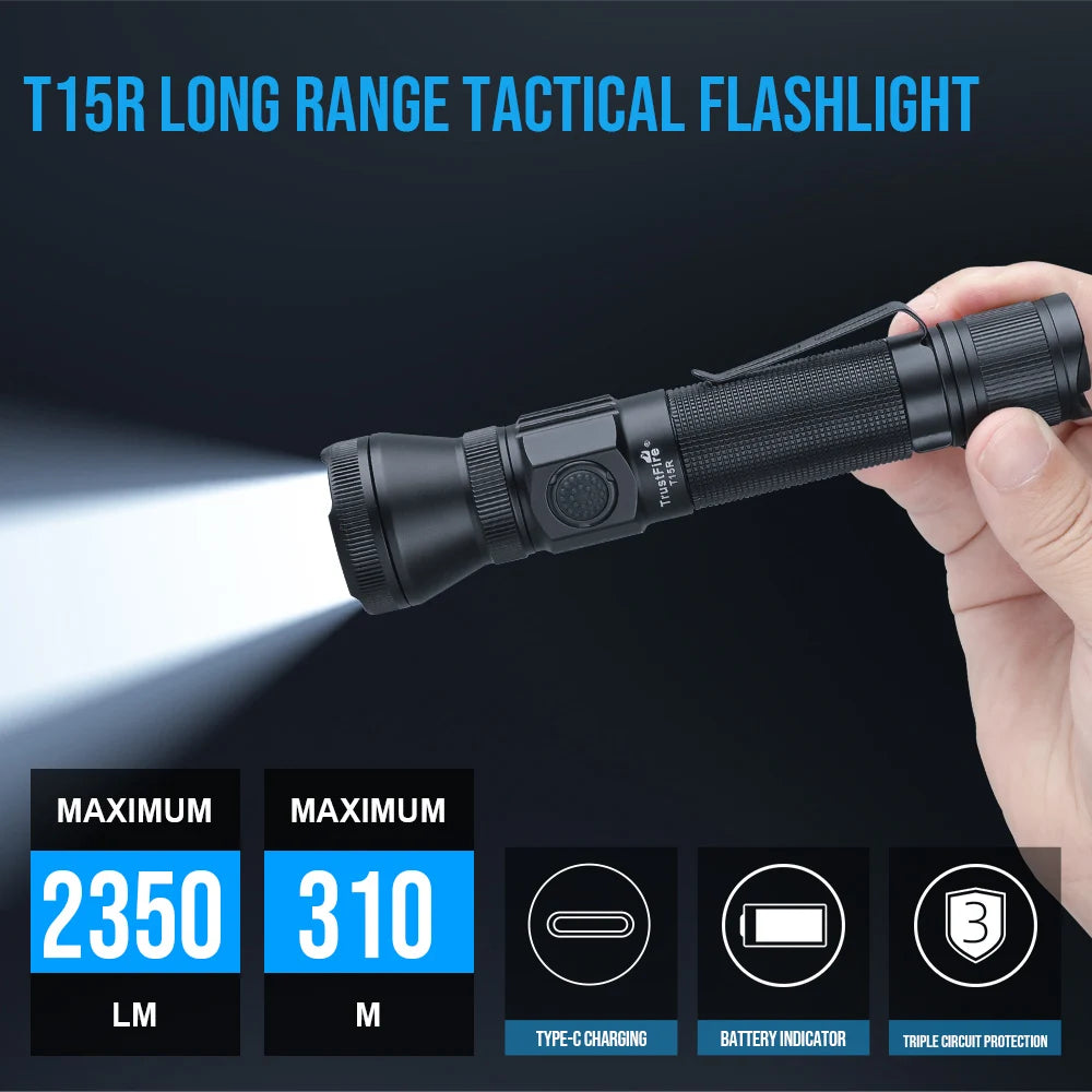 Lanterna Tática TRUSTFIRE T15R – Recarregável, 2350 Lúmens, Longo Alcance, USB-C