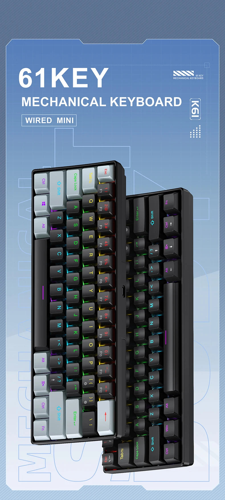 Teclado Mecânico APAYADO K61 – 61 Teclas, RGB Multicor, Switches Azuis e Vermelhos