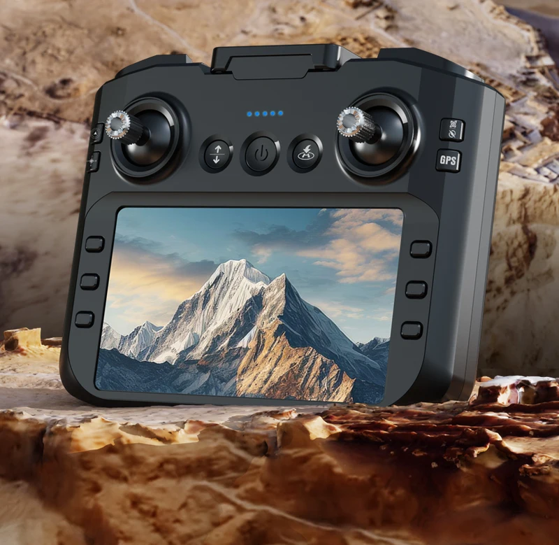 Comando do drone SG109 PRO MAX com ecrã a transmitir imagem de montanha