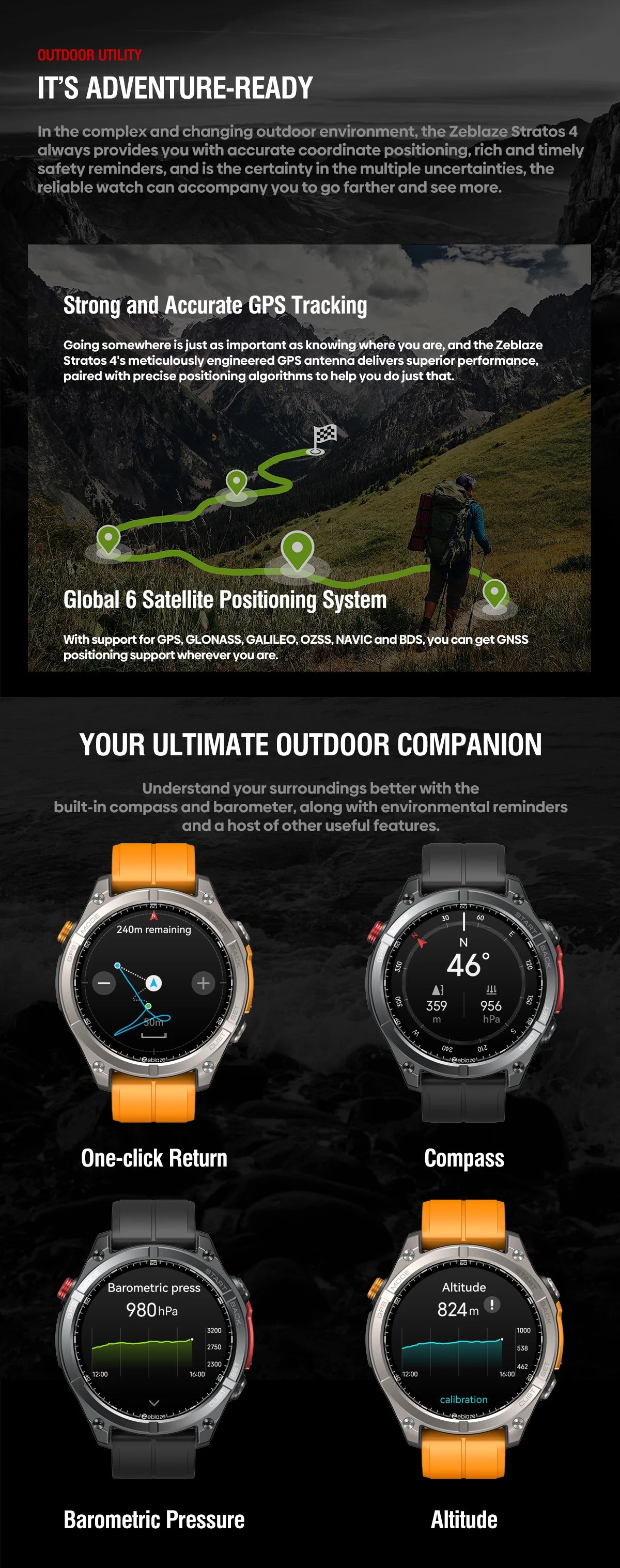 Smartwatch ZEBLAZE Stratos 4 – GPS Multisatélite, Ecrã AMOLED 1.43