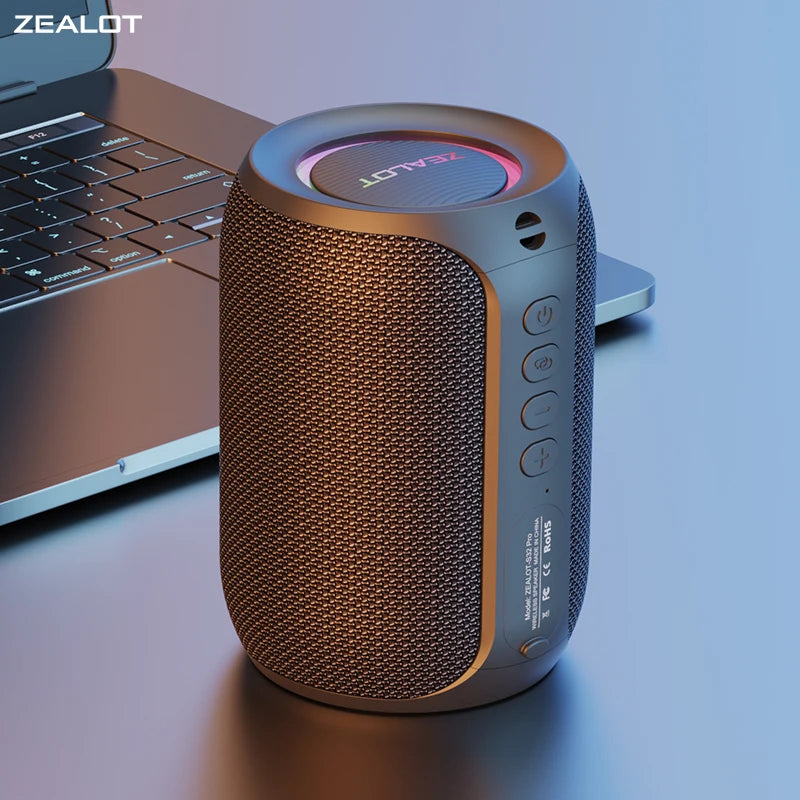 Coluna ZEALOT S32 Pro – Bluetooth, com Luz LED, IPX5 À Prova de Água