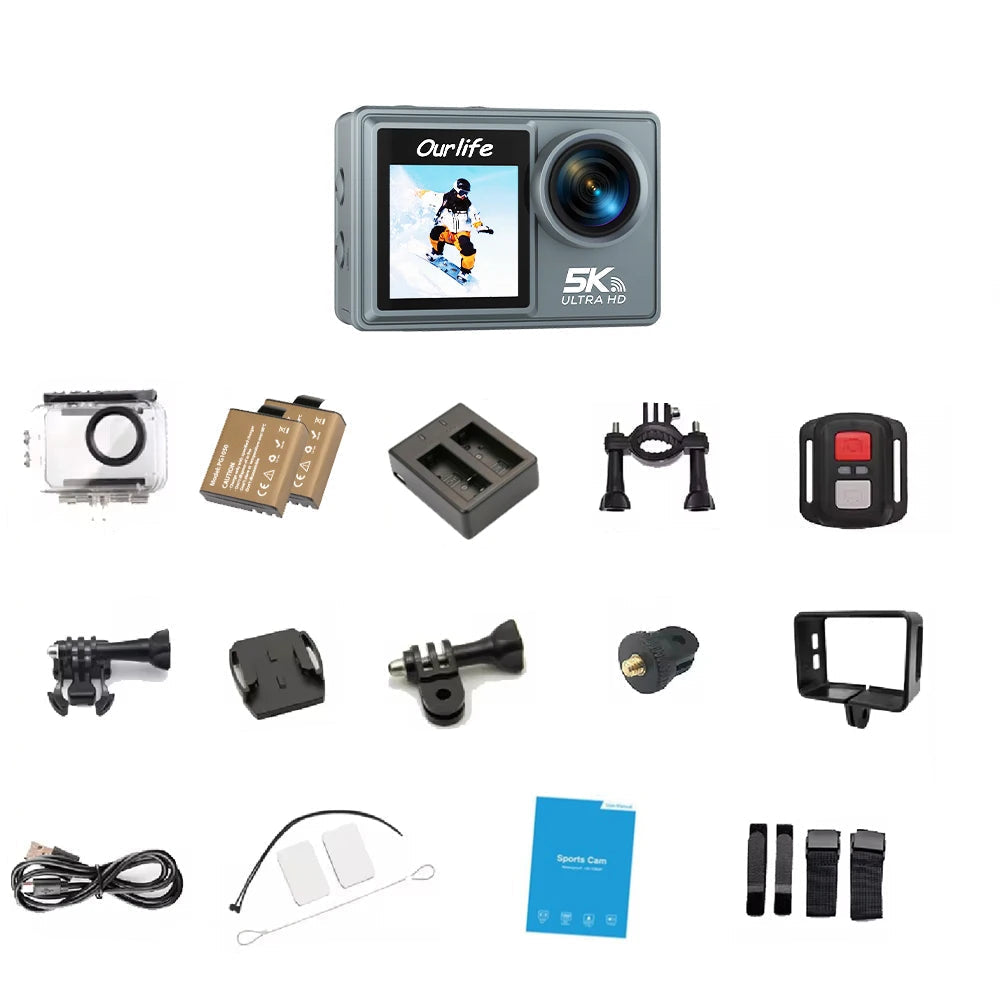 Câmara de Ação OURLIFE MTR40 + Acessórios – 5K 30FPS, Ecrã Tátil, Estabilização EIS, Zoom 5x