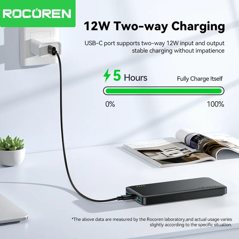Power Bank ROCOREN - 10000mAh e Carregamento Rápido para Smartphones e Tablets