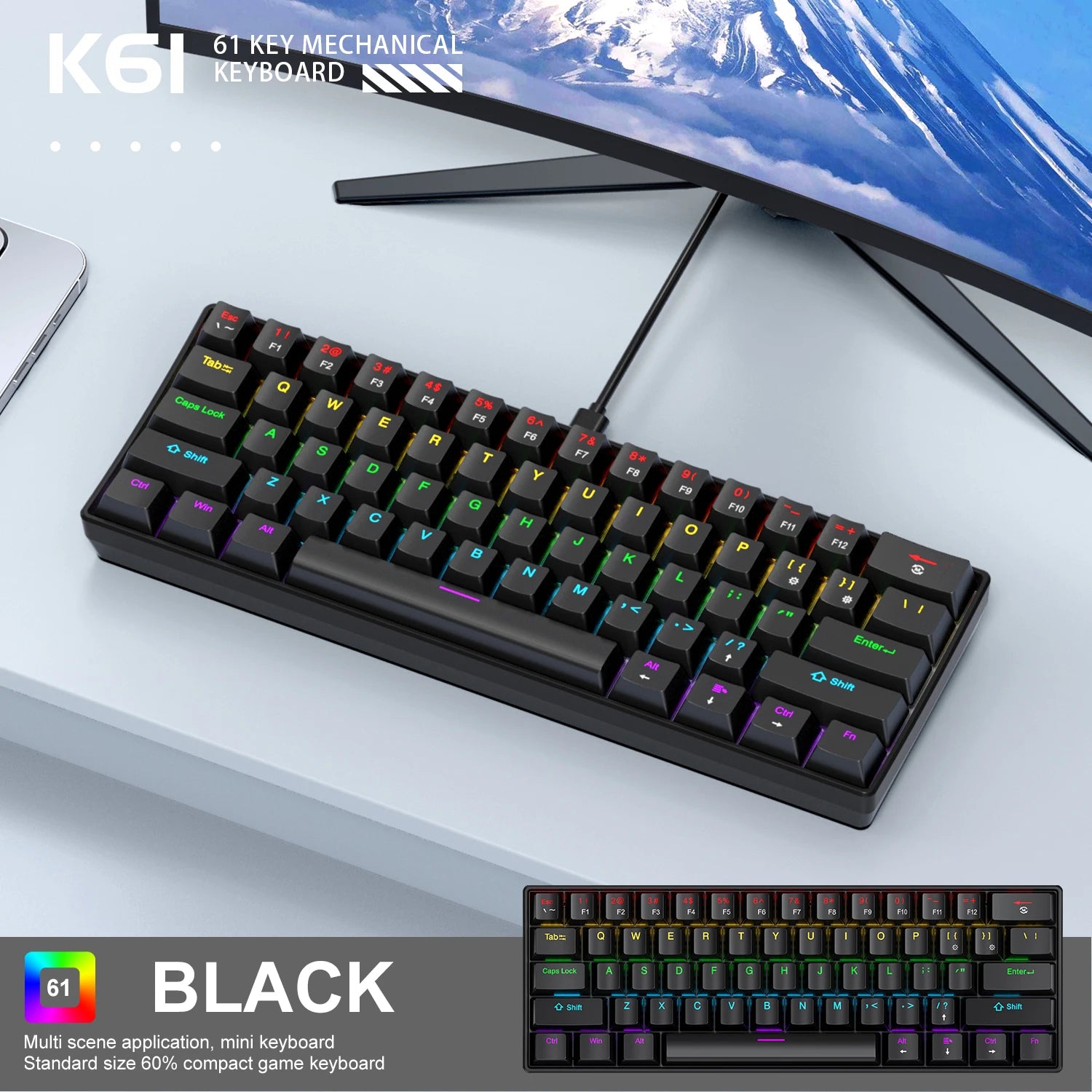 Teclado Mecânico APAYADO K61 – 61 Teclas, RGB Multicor, Switches Azuis e Vermelhos
