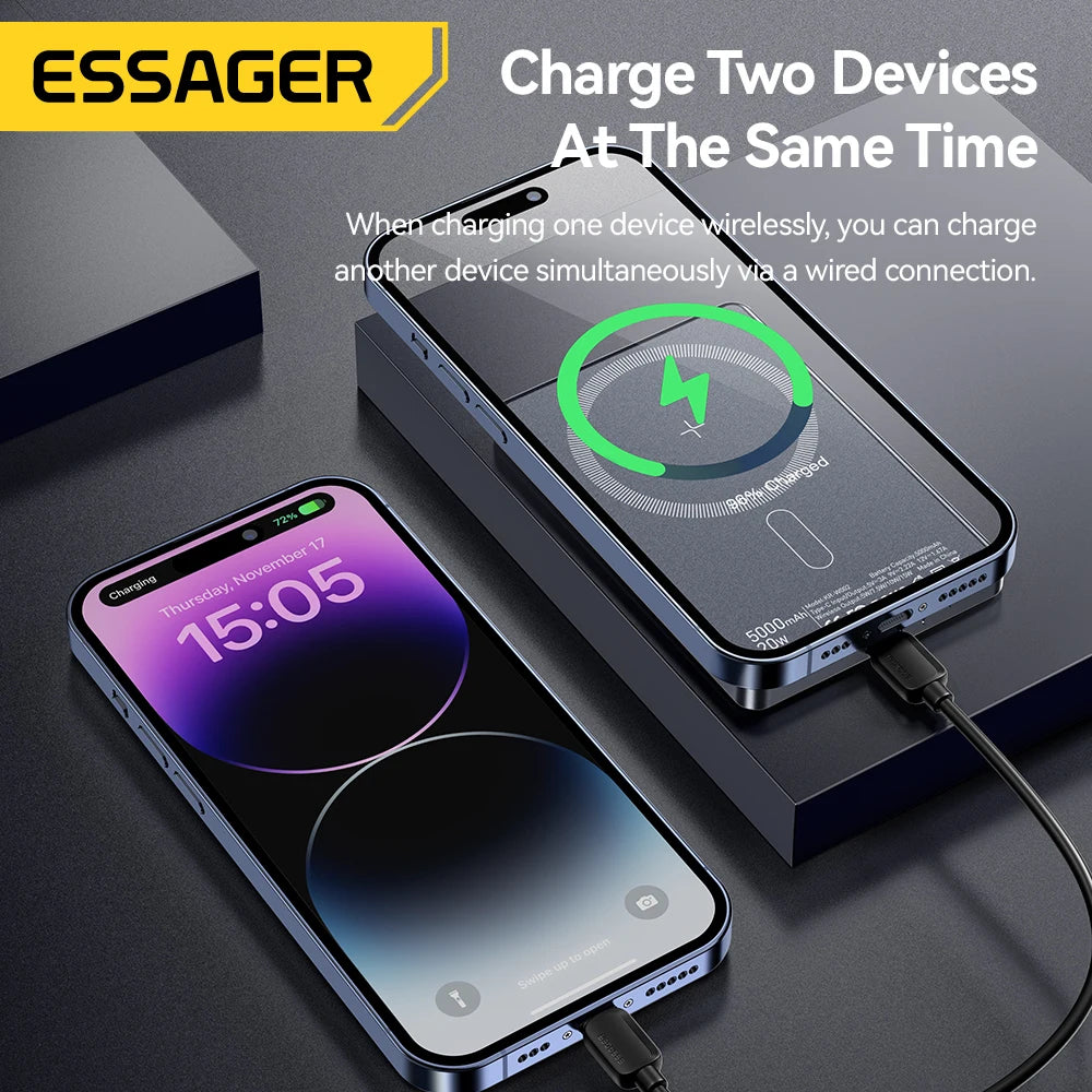 Power Bank ESSAGER 5000mAh – Magnético, Ultra Fino, Carregamento Rápido 20W