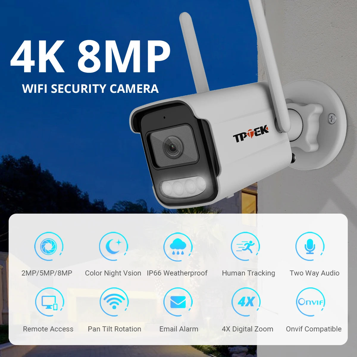Câmara de Segurança TPTEK - 4K, 8MP, Wi-Fi, Visão Noturna 30m, Áudio, Zoom 4X