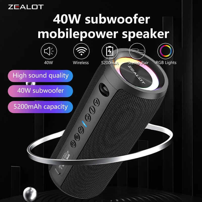 Coluna ZEALOT S51 Pro – Bluetooth, Portátil, 40W, Para Exterior, IPX6, Emparelhamento Duplo