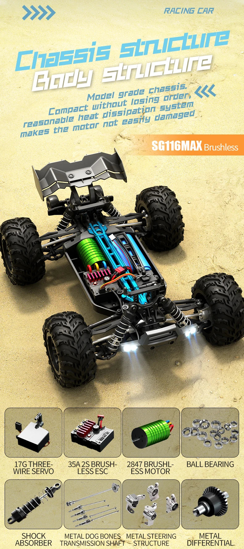Carro Telecomandado 80KM/H - ZLL SG116 MAX – Brushless, 4WD, Estrutura Metálica e Luzes LED