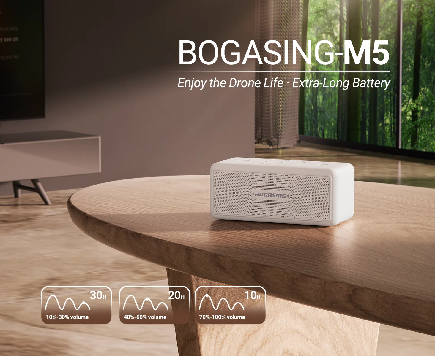 Coluna BOGASING M5 – 40W, Som 360°, IPX7, Bluetooth 5.3, até 30h de autonomia