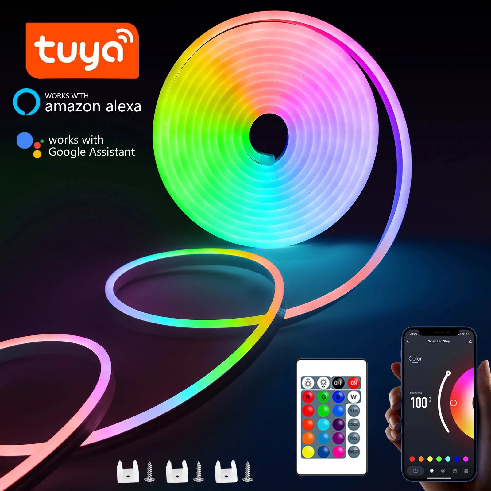 Fita LED Neon RGB - Impermeável, Controlo por Voz, Efeitos, App Tuya, Google Assistant e Alexa