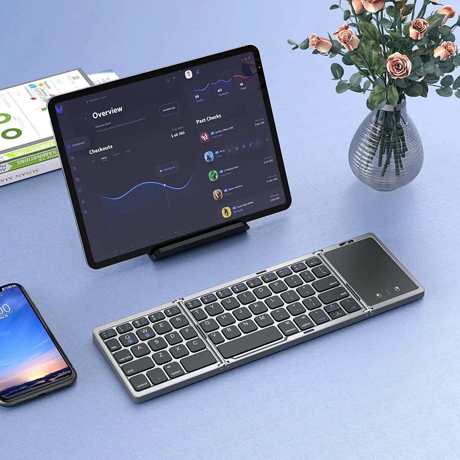 Teclado Dobrável KEBIDUMEI – Bluetooth, Touchpad, Compatível com Windows, Mac, Android e iOS