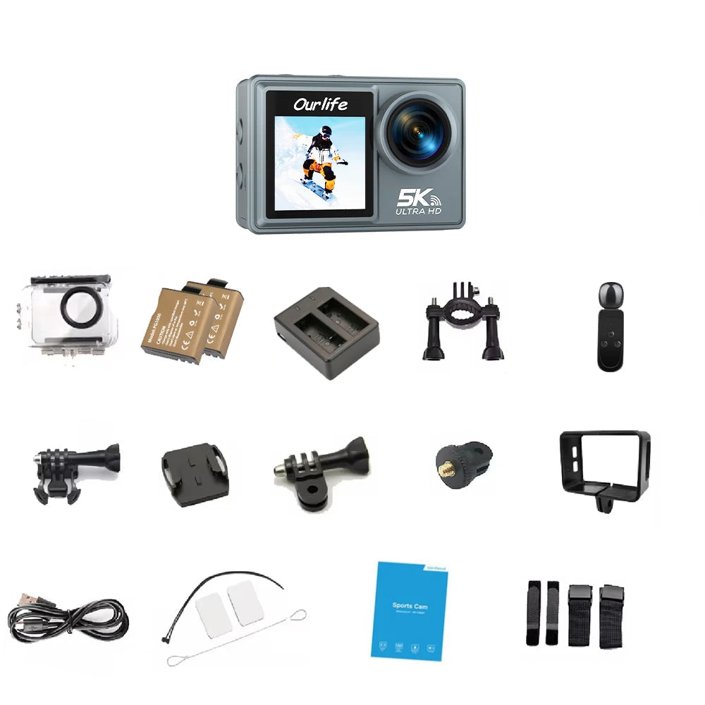 Câmara de Ação OURLIFE MTR40 + Acessórios – 5K 30FPS, Ecrã Tátil, Estabilização EIS, Zoom 5x