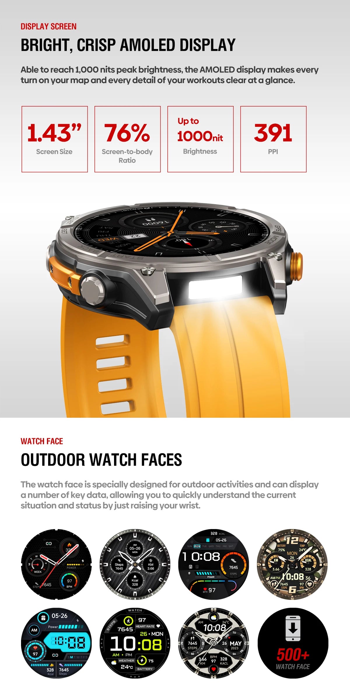 Smartwatch ZEBLAZE Stratos 4 – GPS Multisatélite, Ecrã AMOLED 1.43