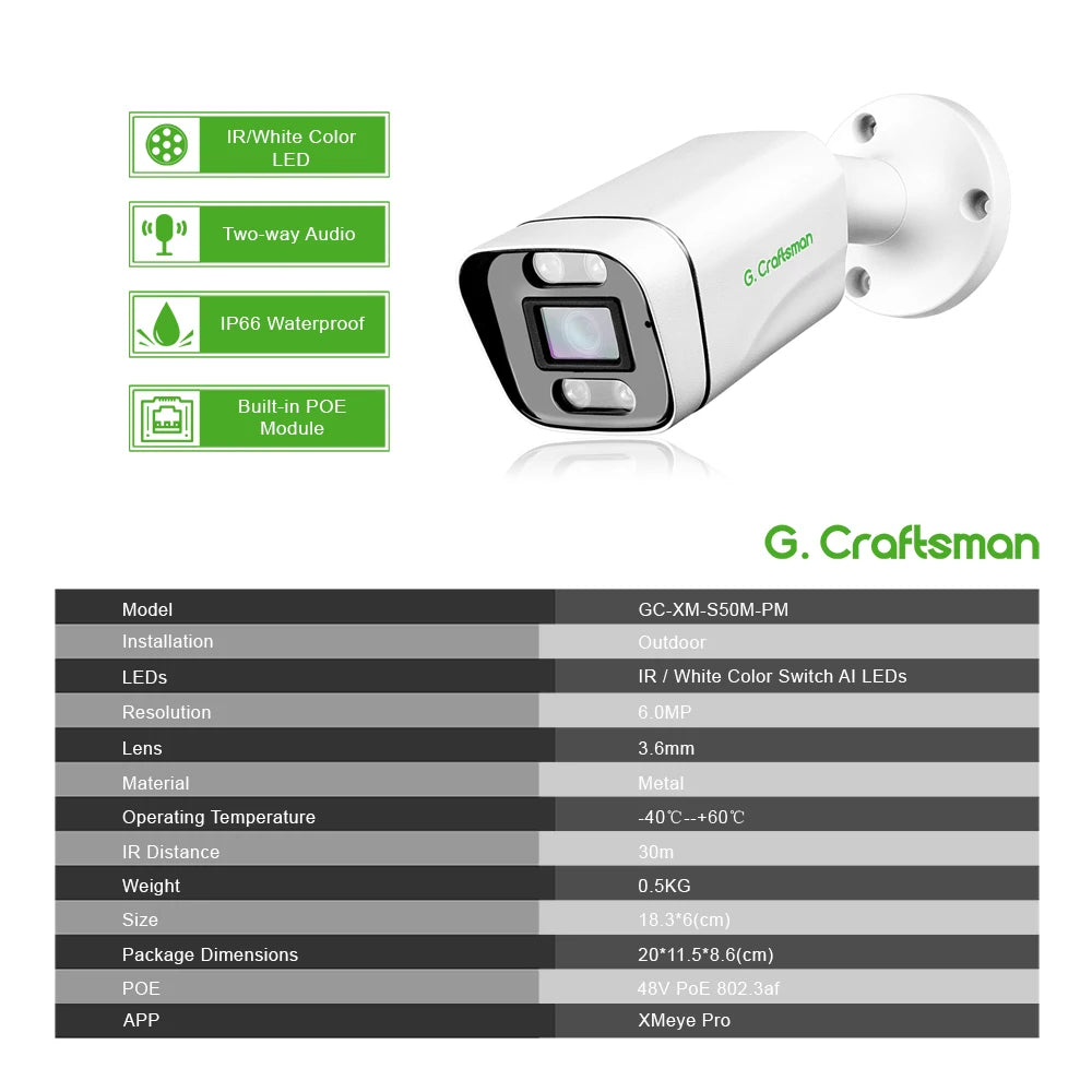 Câmera de Segurança G.CRAFTSMAN - 6MP, Deteção Movimento e Visão Noturna