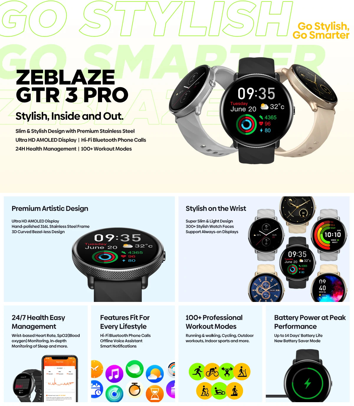 Smartwatch ZEBLAZE GTR 3 Pro - Strava, Amoled, Monitorização de Saúde, Modos Desportivos, Chamadas Bluetooth e Funcionalidades Avançadas