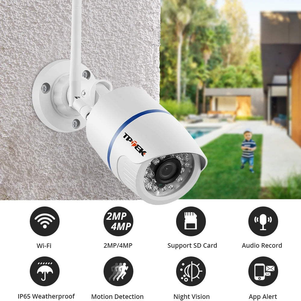 Câmara de Vigilância TPTEK WiFi 4MP - Exterior e Interior, Deteção de Movimento, Visão Noturna e À Prova de Água