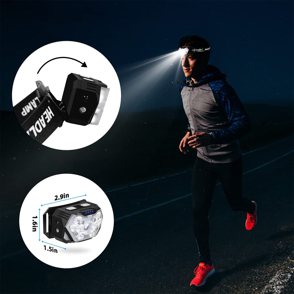 Lanterna de Cabeça LED – Recarregável, 2000 Lumens, Sensor de Movimento, 6 Modos, Resistente à Água