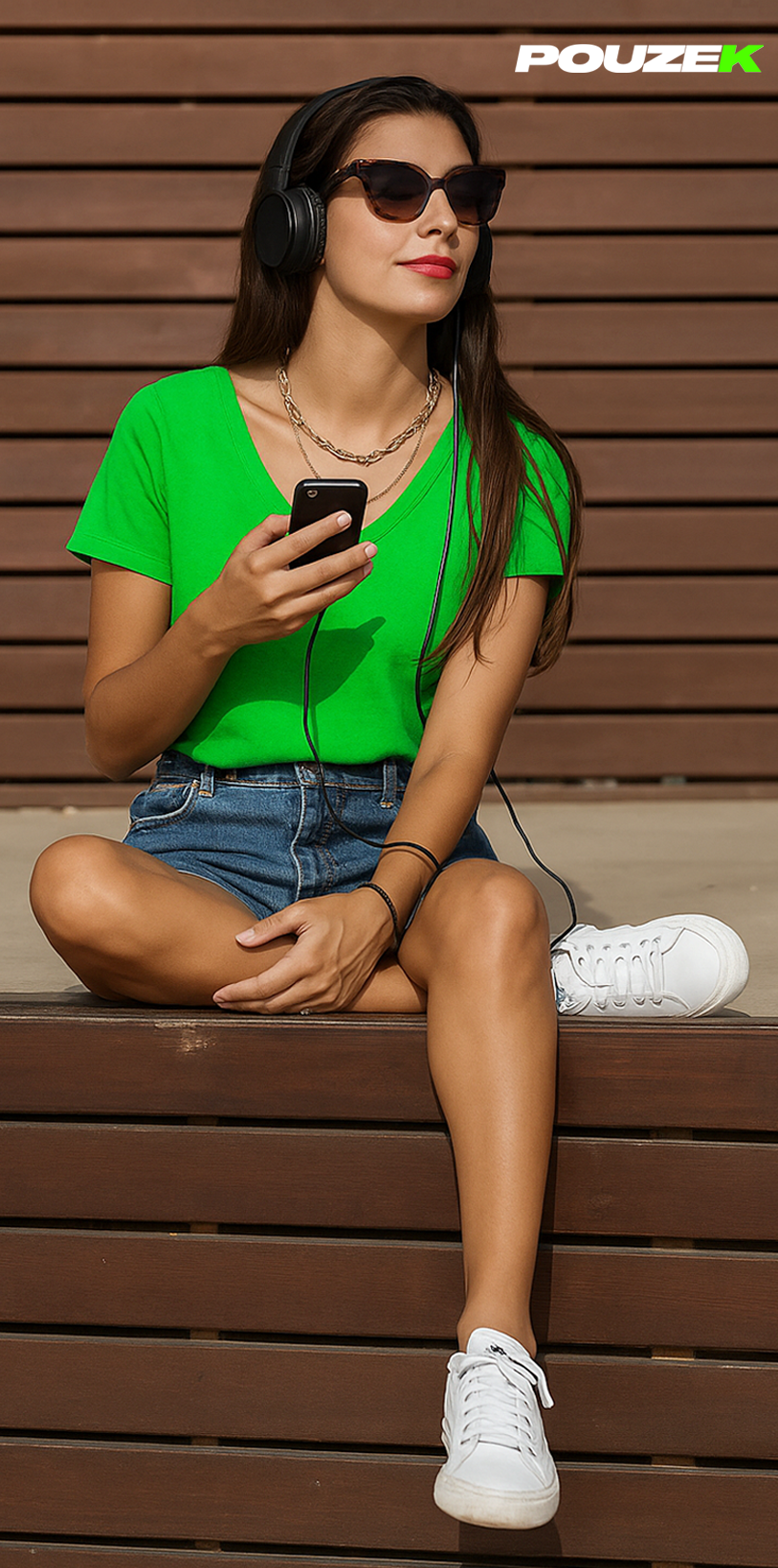 Rapariga com headphones pretos sentada ao sol, a ouvir música no telemóvel com t-shirt verde e calções de ganga | Lifestyle moderno na Pouzek