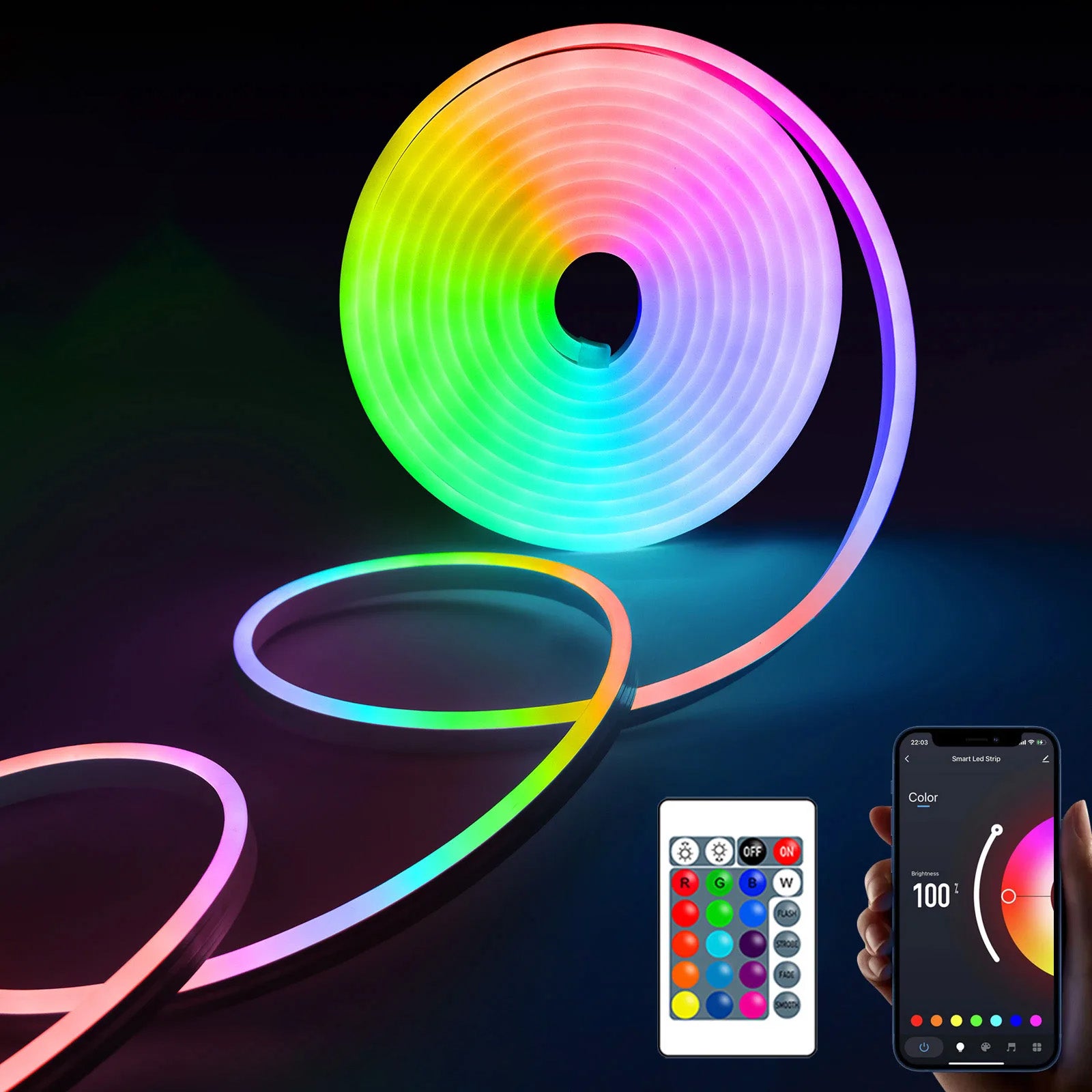 Fita LED Neon RGB - Impermeável, Controlo por Voz, Efeitos, App Tuya, Google Assistant e Alexa
